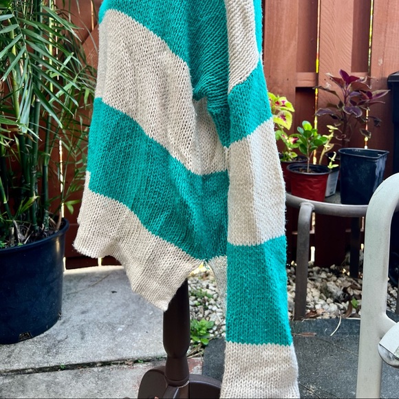 Striped Soft Cable Knit Teal Green Cream Pull Over Crew Neck Sweater Lg - Picture 5 of 7